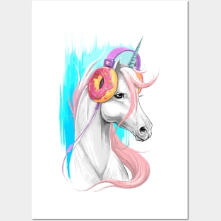 Unicorn in the headphones of donuts Posters and Art